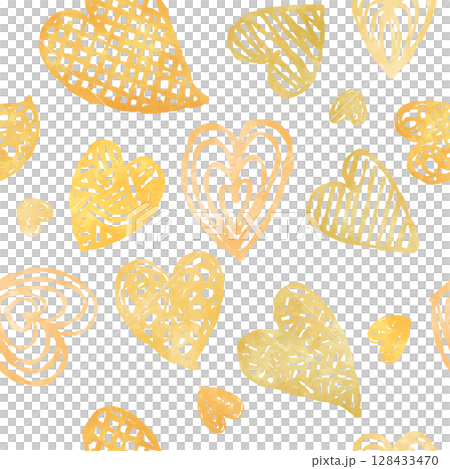 手描き風・ハートのシームレスパターン(黄色) 128433470