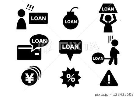 ローンと借金問題の白黒アイコンセット素材 128433508