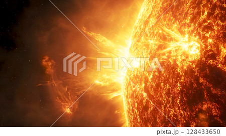燃える太陽の表面のクローズアップのイメージ背景 128433650