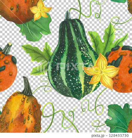 Pumpkins - seamless pattern of pumpkin leaves, flower and mustache. Watercolor illustration hand drawn. For design postcard or card, banner. Pumpkins - seamless pattern of pumpkin leaves, flower and mustache. Watercolor illustration hand drawn. For design postcard or card, banner. 128433730