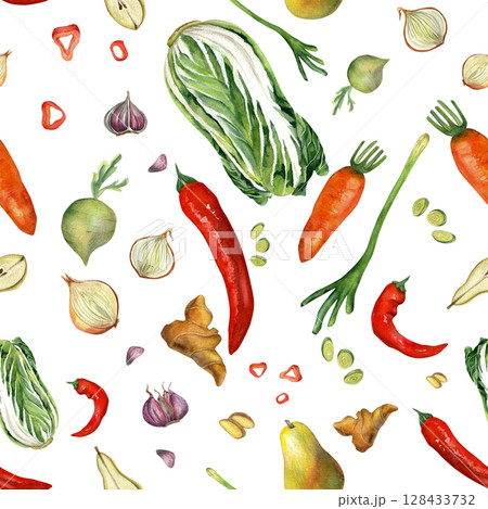 Fresh vegetables for Korean kimchi. Watercolor illustrations are hand-drawn isolated on white background for decoration of gift paper, tablecloth, children's books. Seamless pattern Fresh vegetables for Korean kimchi. Watercolor illustrations are hand-drawn isolated on white background for decoration of gift paper, tablecloth, children's books. Seamless pattern 128433732