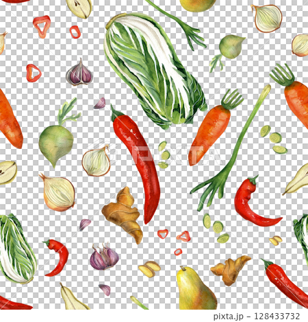 Fresh vegetables for Korean kimchi. Watercolor illustrations are hand-drawn isolated on white background for decoration of gift paper, tablecloth, children's books. Seamless pattern Fresh vegetables for Korean kimchi. Watercolor illustrations are hand-drawn isolated on white background for decoration of gift paper, tablecloth, children's books. Seamless pattern 128433732