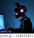 人工知能を搭載した猫型ロボットがPCで仕事をしている 128433851