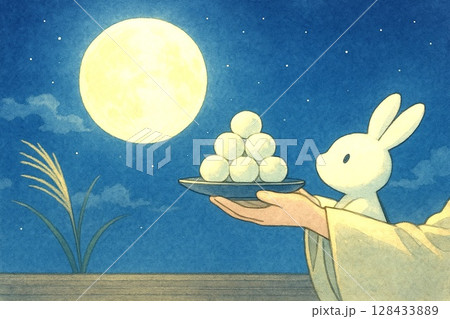 満月と団子とうさぎの秋 お月見イラスト素材 満月と団子とうさぎの秋 お月見イラスト素材 128433889