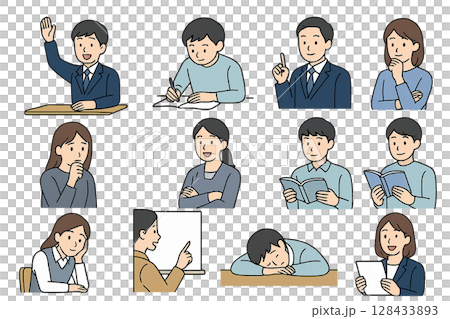 Transparent background: A set of illustrations of people's emotions and actions that can be used for teaching materials and training 128433893