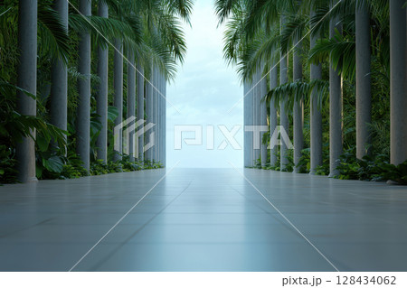 serene pathway lined with tall palm trees and columns leads to tranquil horizon, creating peaceful atmosphere for relaxation and reflection 128434062