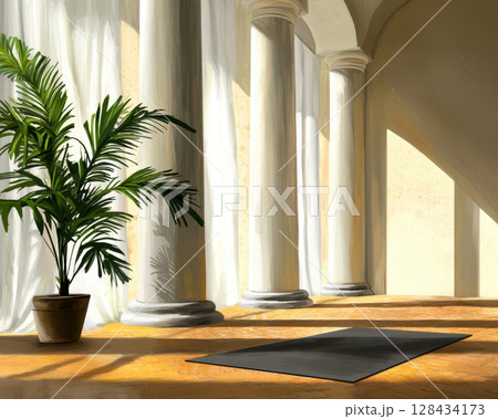 serene sunlit room featuring yoga mat and meditation setup, with lush plant beside elegant columns. atmosphere invites relaxation and mindfulness serene sunlit room featuring yoga mat and meditation setup, with lush plant beside elegant columns. atmosphere invites relaxation and mindfulness 128434173