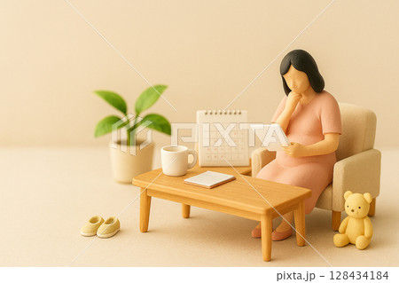 育児休暇を考える妊婦のミニチュアフィギュア|出産前の穏やかなひととき 育児休暇を考える妊婦のミニチュアフィギュア|出産前の穏やかなひととき 128434184