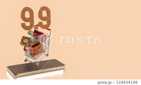 The Gift box  in Shopping cart for 9.9 promotion or business concept 3d Rendering. 128434189