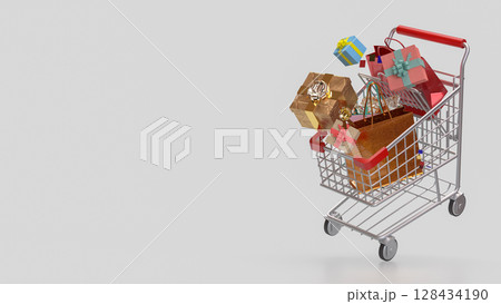 The Gift box in Shopping cart for marketing or business concept 3d Rendering. The Gift box in Shopping cart for marketing or business concept 3d Rendering. 128434190