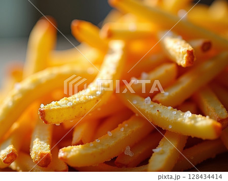 Golden Crispy French Fries with Coarse Sea Salt 128434414