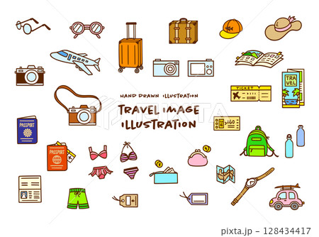 かわいい手描きの旅行イメージカラーイラストセット かわいい手描きの旅行イメージカラーイラストセット 128434417