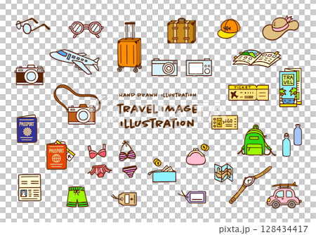 かわいい手描きの旅行イメージカラーイラストセット かわいい手描きの旅行イメージカラーイラストセット 128434417