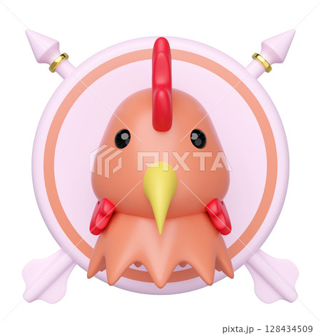 3D stylized chicken head with red comb, yellow beak, and red wattle, centered within a light pink circular frame. Two pink arrows with gold rings cross behind the frame. 3D stylized chicken head with red comb, yellow beak, and red wattle, centered within a light pink circular frame. Two pink arrows with gold rings cross behind the frame. 128434509