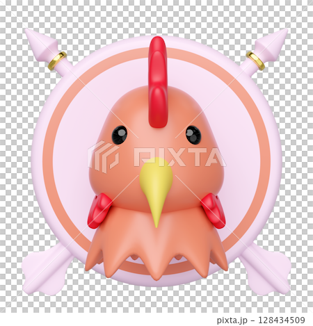 3D stylized chicken head with red comb, yellow beak, and red wattle, centered within a light pink circular frame. Two pink arrows with gold rings cross behind the frame. 128434509