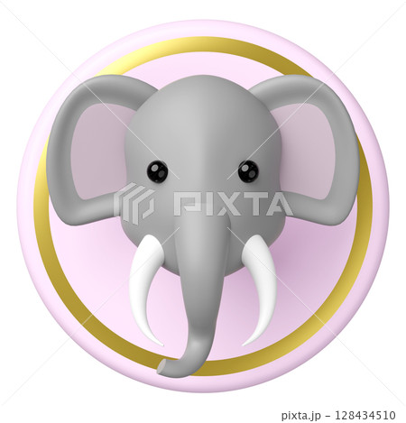 3D render of a cute gray elephant head with white tusks and black eyes, mounted on a pink circular plaque with a golden ring, set against. Cartoon style. 3D render of a cute gray elephant head with white tusks and black eyes, mounted on a pink circular plaque with a golden ring, set against. Cartoon style. 128434510