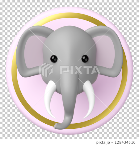 3D render of a cute gray elephant head with white tusks and black eyes, mounted on a pink circular plaque with a golden ring, set against. Cartoon style. 128434510