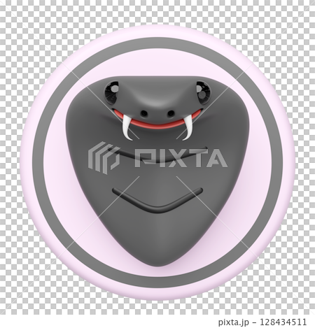 3D rendering of a stylized cute cartoon cobra snake head with fangs and black eyes in a circular frame. The friendly reptile icon, ideal for mascots or logos. 128434511
