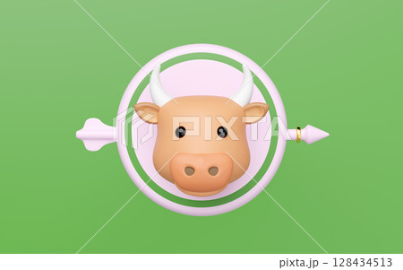 3D rendered cute cartoon cow head with horns, centered in a pink target circle with an arrow on a vibrant green background. Modern minimal style for agriculture, finance, or zodiac concepts. 128434513