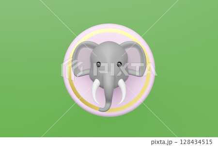 3D render of a cute gray elephant head with white tusks and black eyes, mounted on a pink circular plaque with a golden ring, set against a vibrant green background. Cartoon style. 128434515