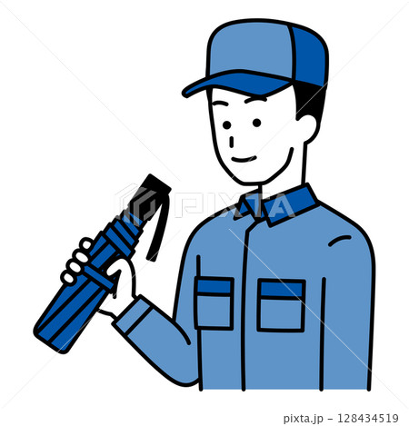 折り畳み傘を持つつなぎ作業服の男性 128434519