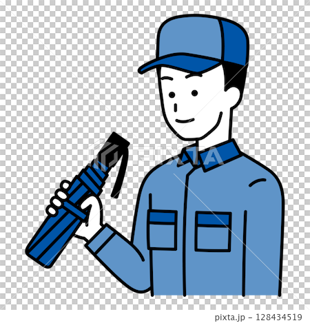 折り畳み傘を持つつなぎ作業服の男性 128434519