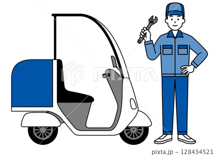 屋根のついた宅配バイクと修理業者の男性 屋根のついた宅配バイクと修理業者の男性 128434521
