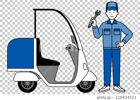 屋根のついた宅配バイクと修理業者の男性 屋根のついた宅配バイクと修理業者の男性 128434521