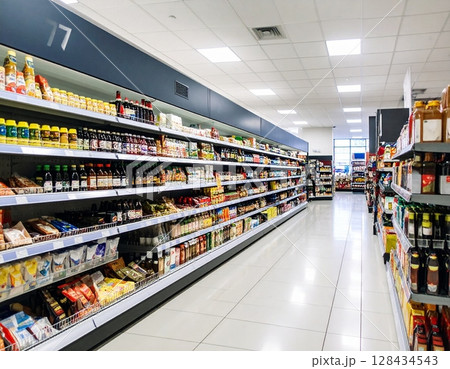 Many brand of seasoning and sauces on the shelves for sale 128434543