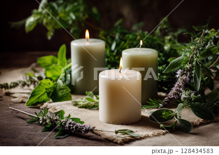 穏やかなアロマキャンドルの灯り：癒しの時間 128434583