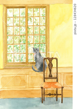 水彩で描いた窓辺に座る黒猫のいる室内のイラスト【手描き】コピースペースあり 128434620