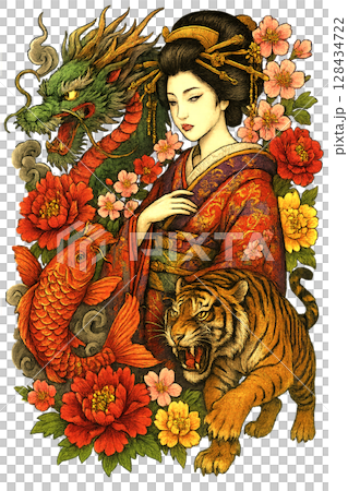 妓女、虎、龍和鯉 妓女、虎、龍和鯉 128434722