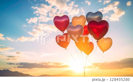 空に浮かぶハート型の風船 128435280