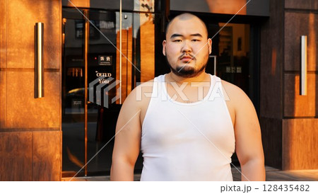 ジムの外で真剣な表情の太った日本人男性 128435482