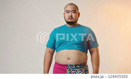 シンプルな背景で立つ太った日本人男性インストラクター 128435503