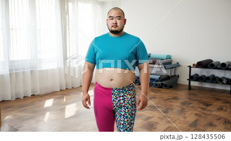 自然光のスタジオで立つフィットネスウェアのアジア人男性 128435506