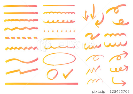 黄色とピンクのグラデーションのさまざまな太さのマーカーで引いたラインと落書き 128435705