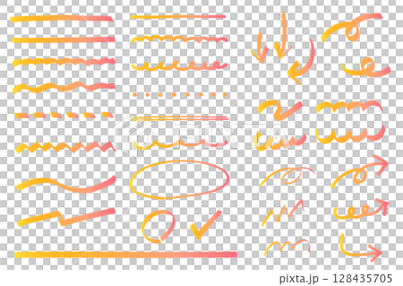 黃色和粉紅色漸變標記線和各種粗細的塗鴉 128435705