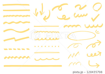 さまざまな太さのマーカーで引いた黄色のラインと落書き 128435708