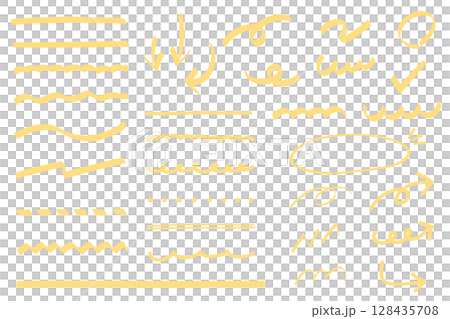 さまざまな太さのマーカーで引いた黄色のラインと落書き 128435708