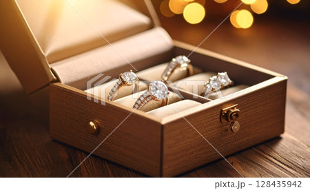 Elegant jewelry box with gold and silver rings, a perfect luxury gift or wedding surprise Elegant jewelry box with gold and silver rings, a perfect luxury gift or wedding surprise 128435942