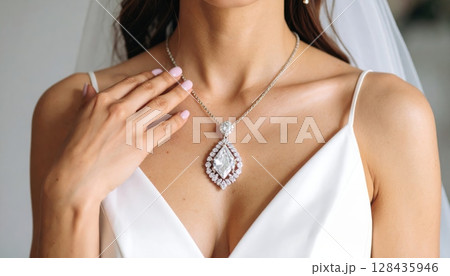 Young woman's elegant beauty enhanced by a diamond necklace, closeup 128435946