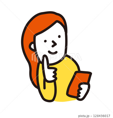 スマホの画面を見て考える女性のイラスト スマホの画面を見て考える女性のイラスト 128436017