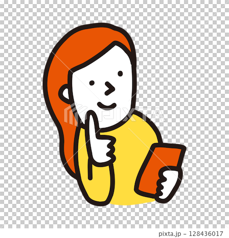 スマホの画面を見て考える女性のイラスト スマホの画面を見て考える女性のイラスト 128436017