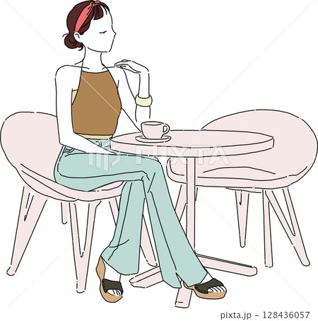 カフェでくつろぐ夏のカジュアルファッション女性イラスト 128436057