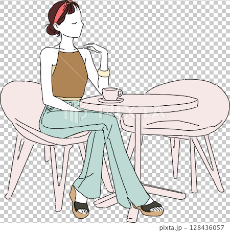 カフェでくつろぐ夏のカジュアルファッション女性イラスト 128436057