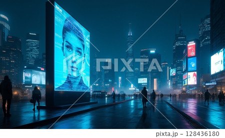 Futuristic Cityscape with Billboards 128436180