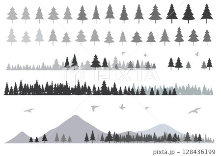 針葉樹と山のシルエットのイラストセット アイコン 背景イラスト 針葉樹と山のシルエットのイラストセット アイコン 背景イラスト 128436199