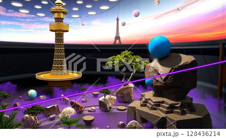 Futuristic Garden With Cosmic Backdrop Futuristic Garden With Cosmic Backdrop 128436214