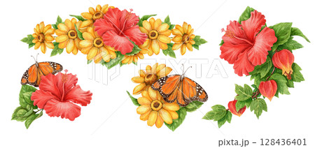 Summer arrangement set of monarch butterfly and hibiscus flower. Hand drawn watercolor floral artwork for tropical holiday theme decoration. Bright vivid and colorful seasonal card or print template. Summer arrangement set of monarch butterfly and hibiscus flower. Hand drawn watercolor floral artwork for tropical holiday theme decoration. Bright vivid and colorful seasonal card or print template. 128436401